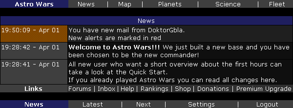 Opening page of the News Screen (Overview)